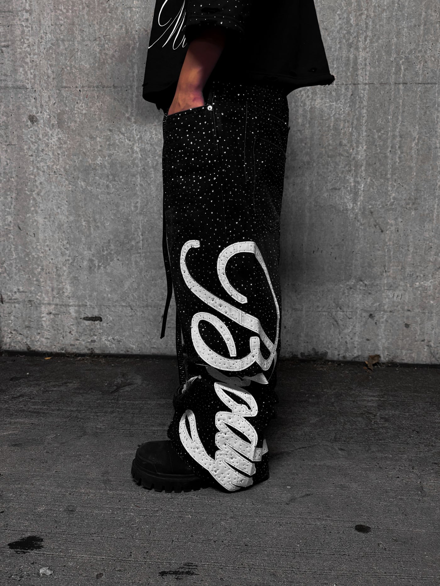 Black "Bloody" Rhinestone Denim